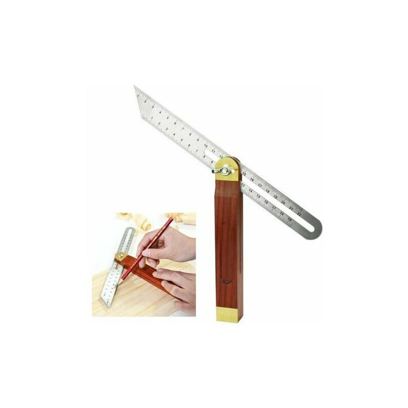 Fausse Equerre Menuisier en Acier Inoxydable et Bois 200mm Fausse Equerre à Manche 0 à 360 Degrés Durable Carrés de Menuiserie échelle Double Face