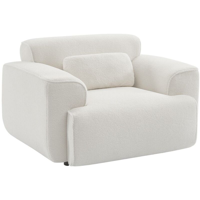Fauteuil tissu bouclette blanche. lignes arrondis. coussin fourni. Wallas. l 116 x p 97 x h 73cm