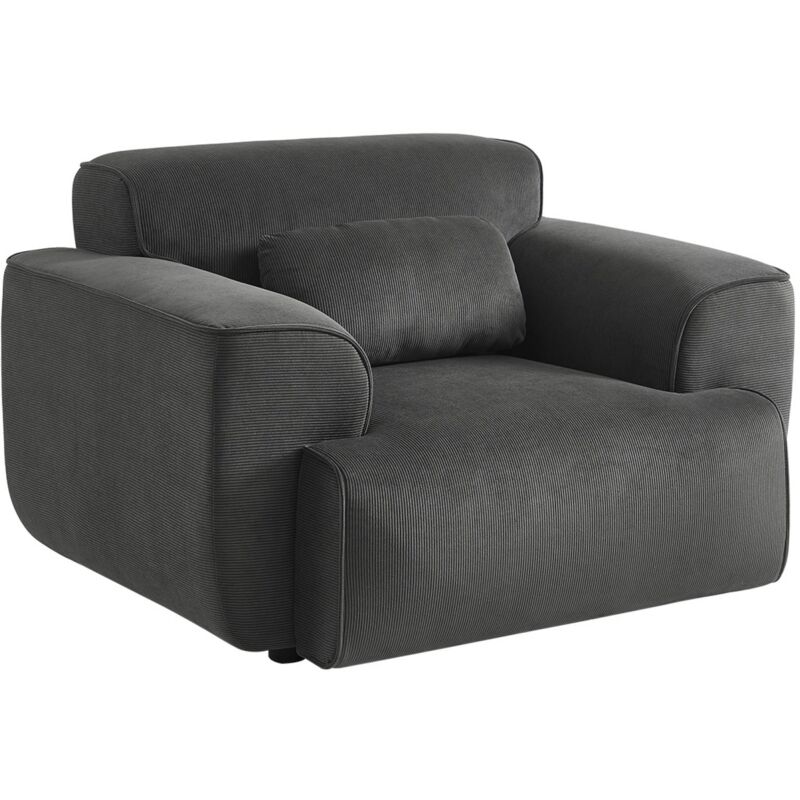 Sweeek - Fauteuil velours côtelé gris foncé. lignes arrondies. coussin fourni. Wallas. l 116 x p 97 x h 73cm