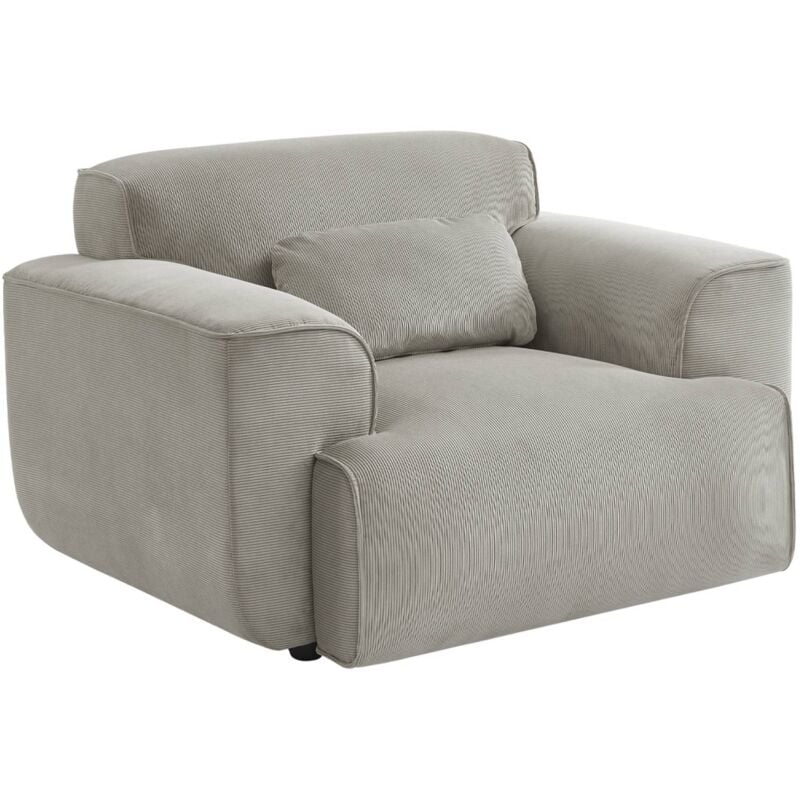 Fauteuil velours côtelé gris clair. lignes arrondies. coussin fourni. Wallas. l 116 x p 97 x h 73cm
