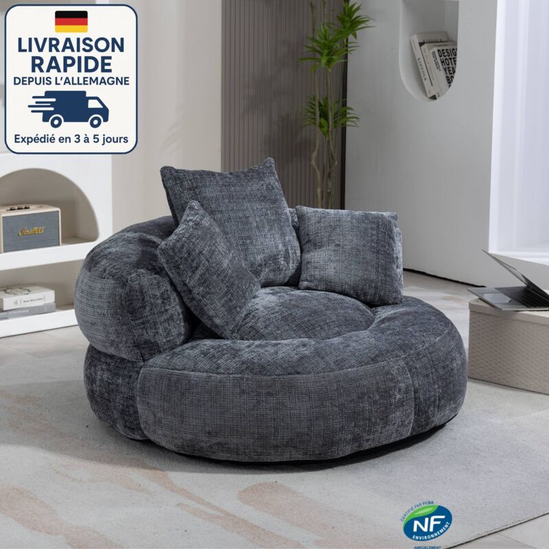 Modfu – Fauteuil en chenille gris 108 x 108 x 52 cm – 3 coussins – Hauteur d'assise 30 cm – Largeur 73 cm – Pour salon, chambre ou bureau