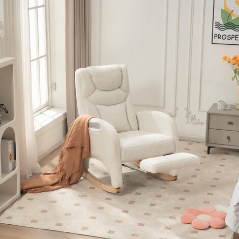Fauteuil 66x125x101cm repose-pieds réglable structure en bois tissu polyester blanc pour salon et chambre