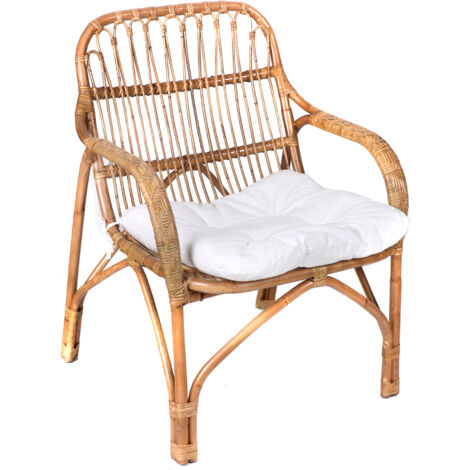 Fauteuil 70x67x89,5 cm en rotin naturel et coussin blanc