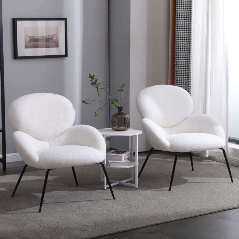 Lot de 2 Fauteuil, chaise de loisirs avec pieds en métal et velours teddy avec accoudoirs en tissu rembourré doux, blanc