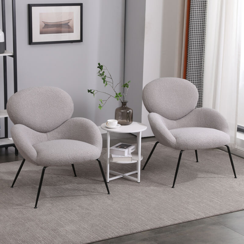 Lot de 2 Fauteuil, chaise de loisirs avec pieds en métal et velours teddy avec accoudoirs en tissu rembourré doux, gris