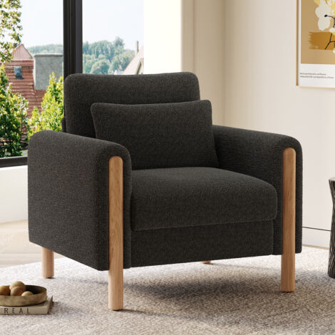 Fauteuil 87x83x88.5cm Rembourré Confortable Tissu Teddy Structure en bois gris foncé