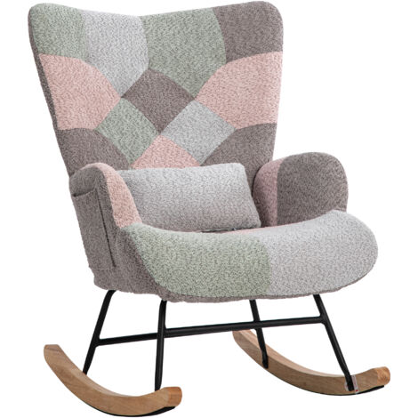 Fauteuil à balançoire confortable, H93 cm, largeur siège 43 cm, avec pied d’appui (49×38×37 cm) et coussin de dos, structure en bois de caoutchouc stable, design multicolore.