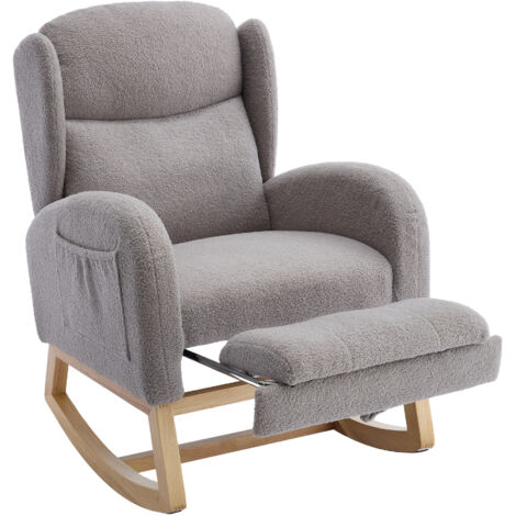 Fauteuil à bascule 122.5x70x104cm, fauteuil d'allaitement, avec structure en bois, repose-pieds réglable,  poche,Gris