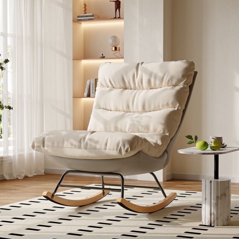 Fauteuil à bascule, 72 cm, avec dossier, cadre en métal, pieds en bois, Rocking chair de capitonné en Tissu - Beige