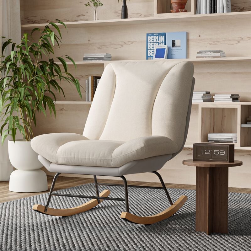 Fauteuil à bascule, 74 cm, avec dossier réglable en angle, cadre en métal, pieds en bois, Rocking chair de capitonné en Tissu - Beige