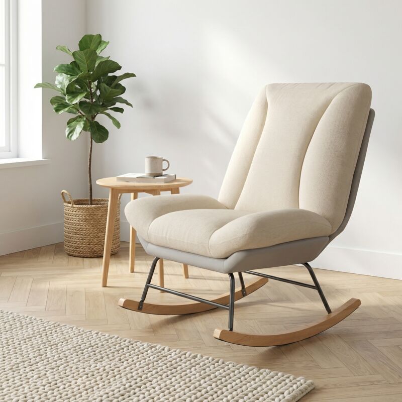 Rocking chair avec dossier réglable 5 positions, Fauteuil à bascule, 74x90.5x70cm, Fauteuil relax en lin et tissu technique, Style moderne, Beige