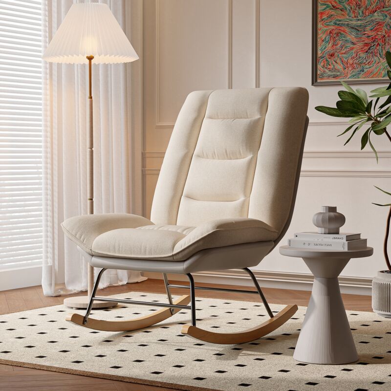 Fauteuil à bascule, 77 cm, avec dossier réglable en angle, cadre en métal, pieds en bois, Rocking chair de capitonné en Tissu - Beige