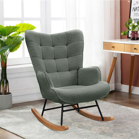 FORTUNA LAI Fauteuil à bascule 92x75x69cm, rocking chair en velours teddy, pieds en bois massif, pour salon, chambre, gris