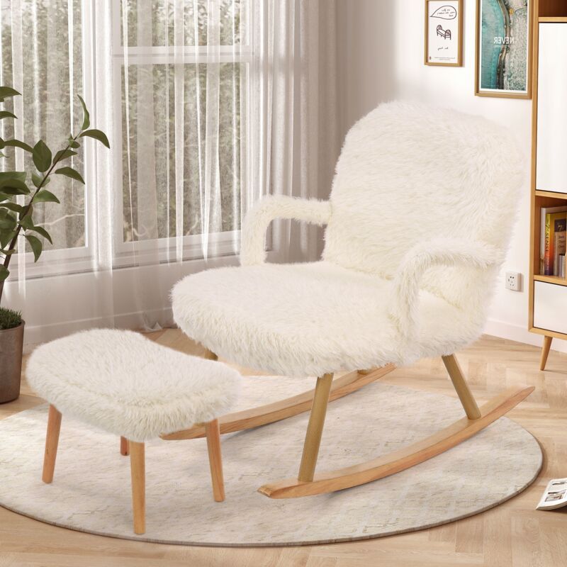 Fauteuil à bascule 96.5 cm, avec repose-pieds, dossier, pieds en bois, dossier en capitonné, accoudoirs, Rocking chair de capitonné en sherpa - Beige