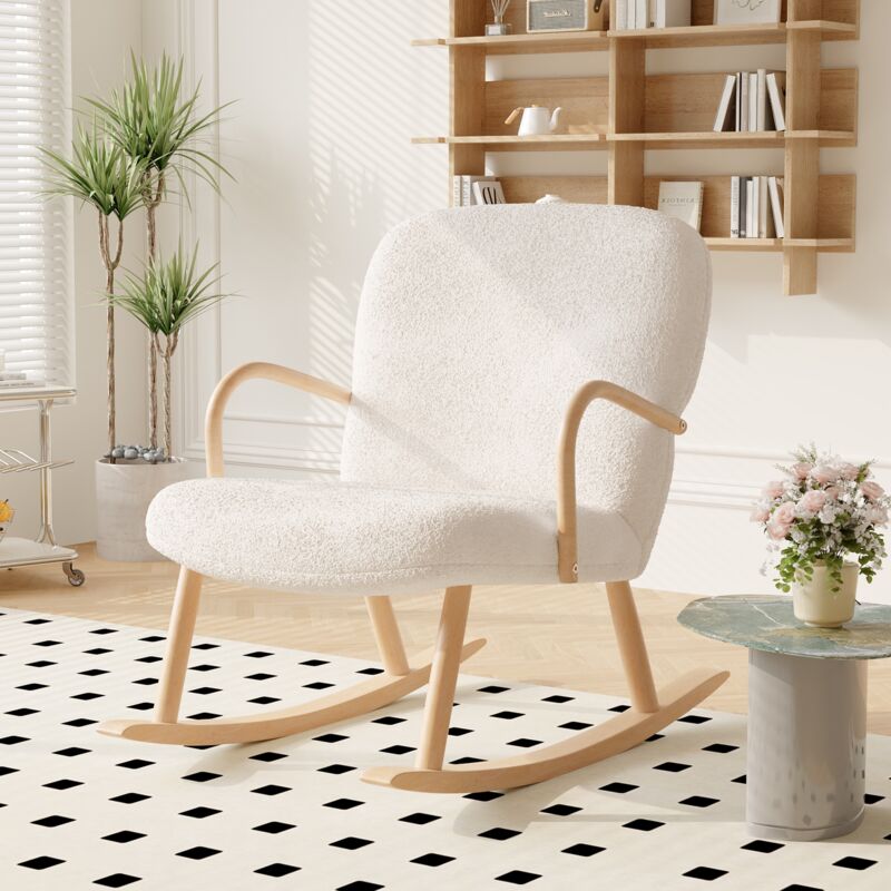 Fauteuil à bascule 96 cm, avec dossier, pieds en bois, dossier en capitonné, accoudoirs, Rocking chair de capitonné en sherpa - Beige
