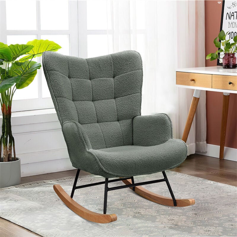 Fauteuil à bascule 92x75x69cm, rocking chair en velours teddy, pieds en bois massif, pour salon, chambre, gris