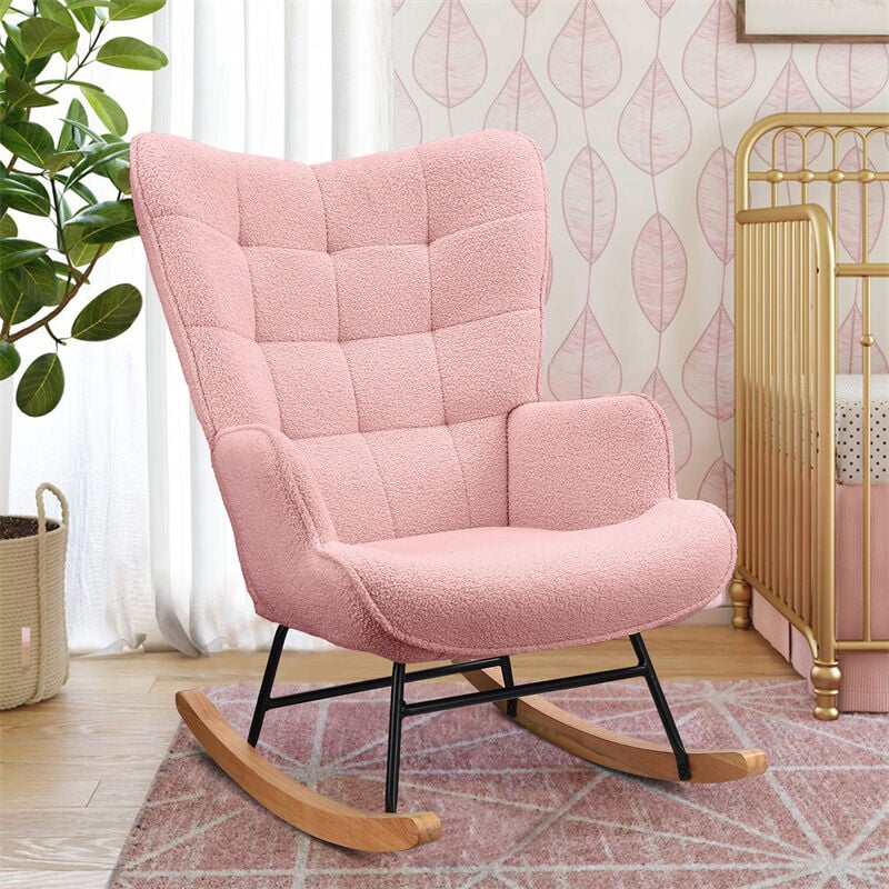 Fortuna Lai - Fauteuil à bascule 92x75x69cm, rocking chair en velours teddy, pieds en bois massif, pour salon, chambre, rose