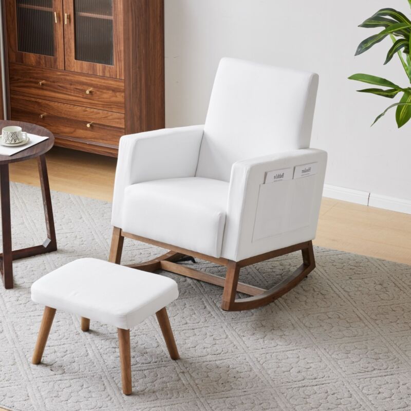 Fauteuil à bascule - accoudoirs avec poches des deux côtés, pouf, structure en bois massif, tissu velours, style scandinave, 47,5x37,5x33cm, fauteuil