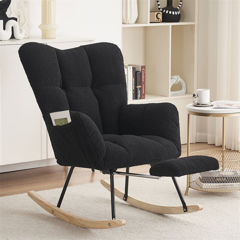 Fauteuil à bascule allaitement scandinave 80x98x98.5cm, rocking chair en en tissu Teddy avec repose-pieds extractible, noir