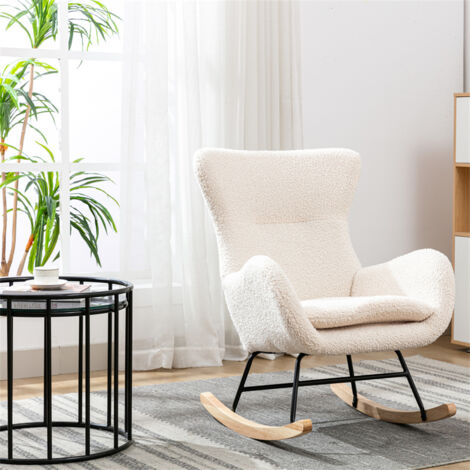 FORTUNA LAI Fauteuil à Bascule Allaitement Scandinave, Rocking chair avec Assie, Pieds en Bois, en Velours Teddy, 33.1x26.8x36.22in, Beige