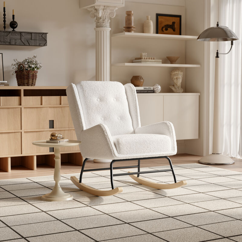 Fauteuil à bascule allaitement scandinave, Rocking chair avec dossier haut et accoudoirs, en velours Teddy, 93x67x95cm, Blanc