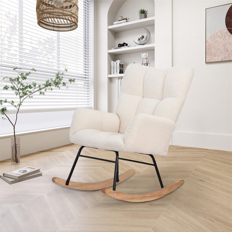 Fauteuil à Bascule Allaitement Scandinave Rocking chair en Sherpa avec Pieds en e' Bois Métal pour Salon, Chambre, Massif, Beige-Blanc, 62.5x88x96cm