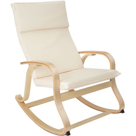 Tectake – Fauteuil à bascule en bouleau avec accoudoirs – Coussin en coton – Dossier haut 74 cm – Patins en feutre pour sol