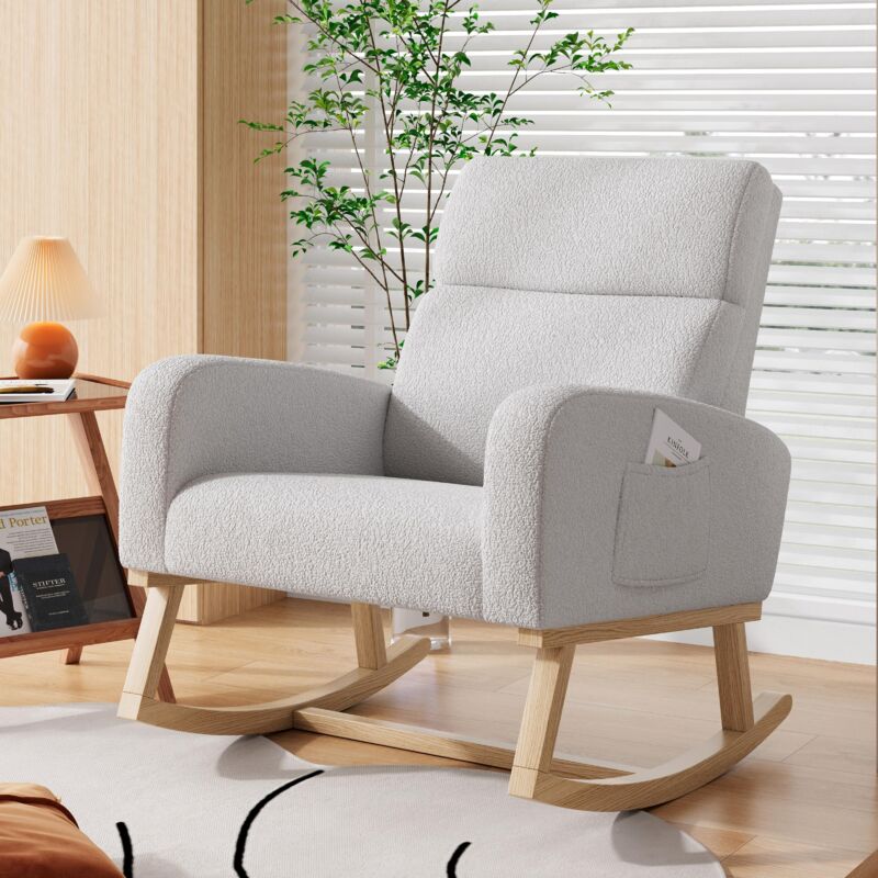 Eifson – Fauteuil à bascule scandinave en velours – Dossier incliné, accoudoirs avec poches – Dimensions 69x78x87 cm – Charge max 150 kg
