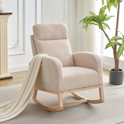 Fauteuil à bascule, avec accoudoirs, deux poches de chaque côté des accoudoirs, dossier incliné, pieds en bois massif, tissu sherpa, style scandinave - beige