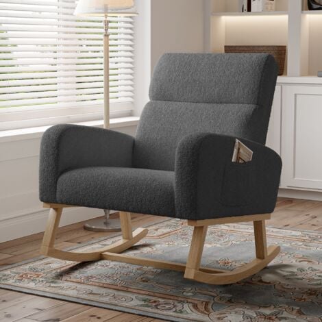 EIFSON Fauteuil à bascule, avec accoudoirs, deux poches de chaque côté des accoudoirs, dossier incliné, pieds en bois massif, tissu sherpa, style scandinave - Beige