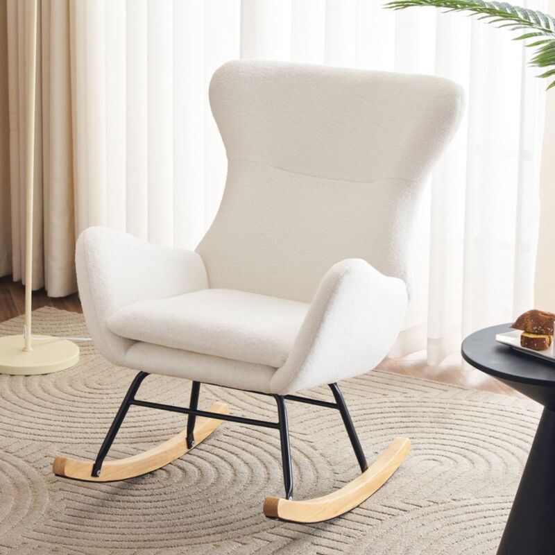 Fauteuil à bascule, avec accoudoirs et assise rembourrée, dossier haut ergonomique, pieds en bois massif, polaire teddy confortable, style scandinave