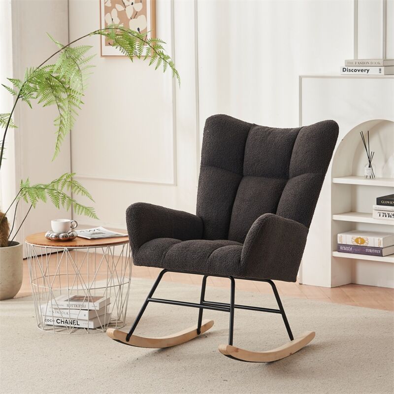 Fauteuil à bascule, avec accoudoirs et dossier haut, polaire peluche, style scandinave, adaptée au salon, à la chambre et à la terrasse - Gris