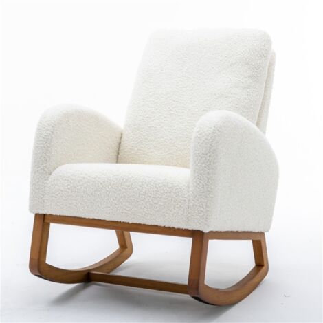 Fauteuil à bascule, avec accoudoirs et poches, cadre en bois, style moderne du milieu du siècle, velours, chaise à bascule rembourrée Sherpa – Blanc