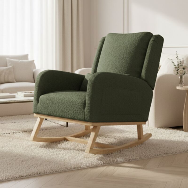 Fauteuil à bascule, fauteuil rocking chair scandinave avec accoudoirs et poches latérales, pieds en bois massif, tissu Sherpa, fauteuil allaitement,