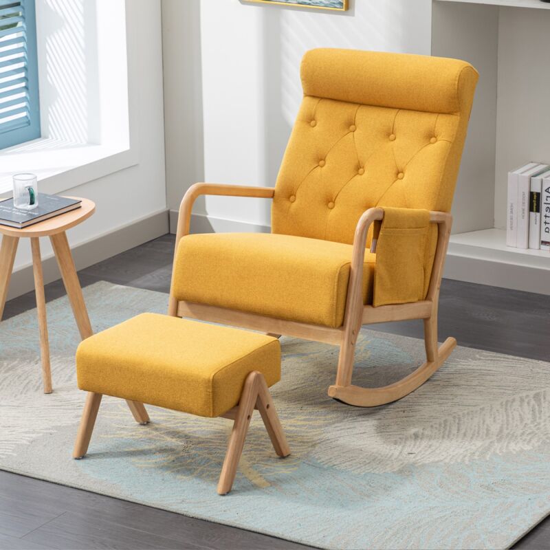 Eifson - Fauteuil à bascule, avec accoudoirs et repose-pieds, poches latérales, dossier haut ergonomique, structure en bois massif, décoration de