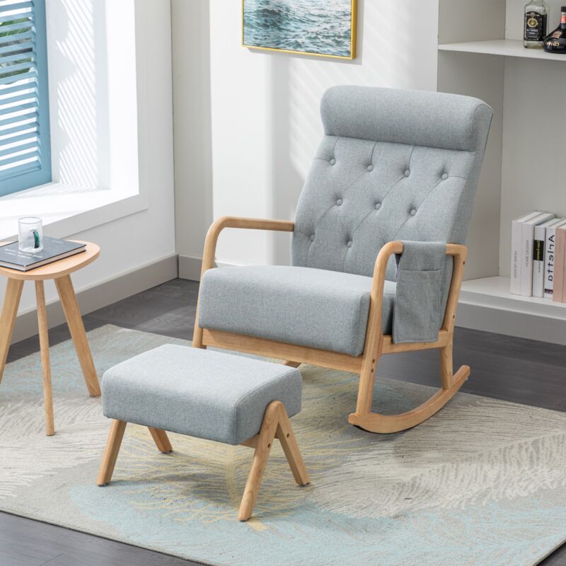 Fauteuil à bascule, avec accoudoirs et repose-pieds, poches latérales, dossier haut ergonomique, structure en bois massif, décoration de boutons,