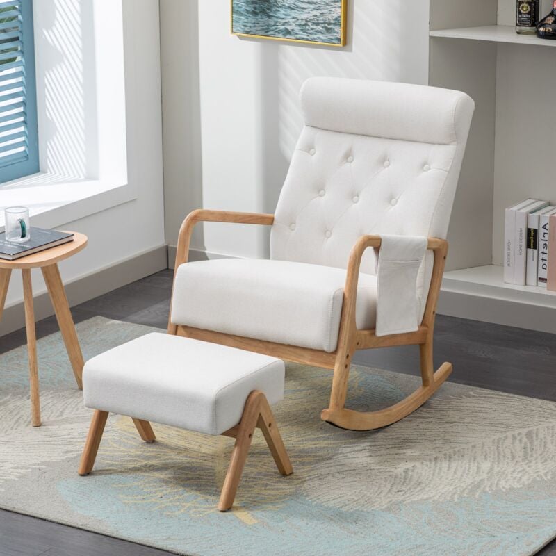 Fauteuil à bascule, avec accoudoirs et repose-pieds, poches latérales, dossier haut ergonomique, structure en bois massif, décoration de boutons,