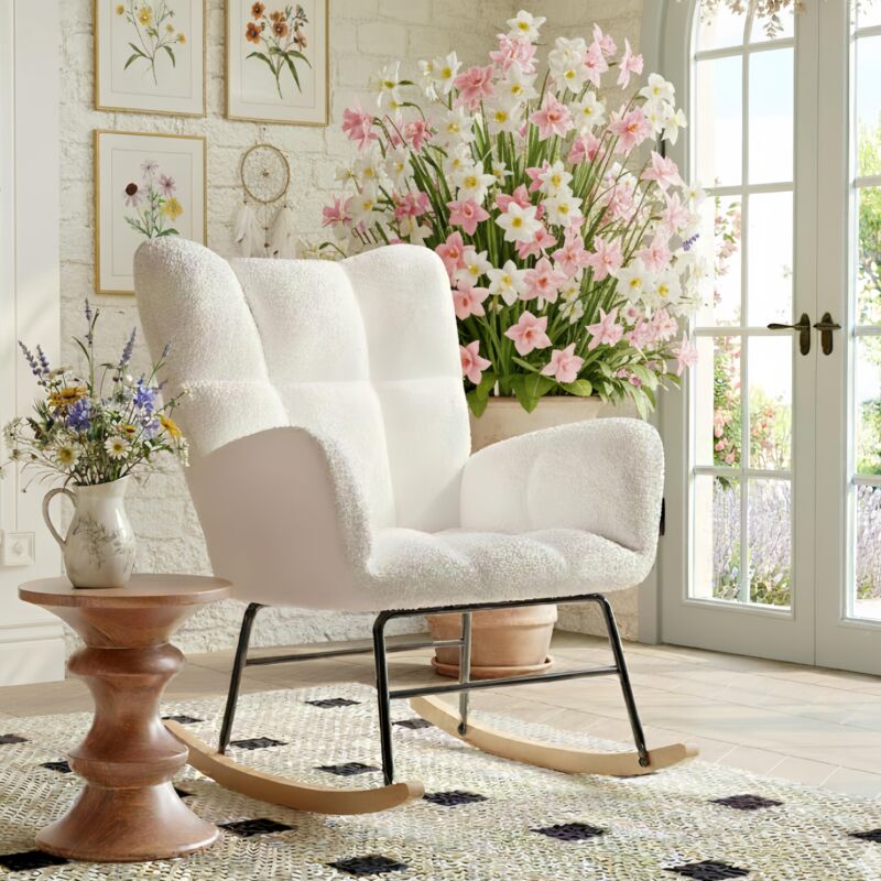 Fauteuil à bascule, avec accoudoirs, sherpa, pieds courbés en bois massif, structure en métal, style scandinave, convient pour salon, chambre, balcon