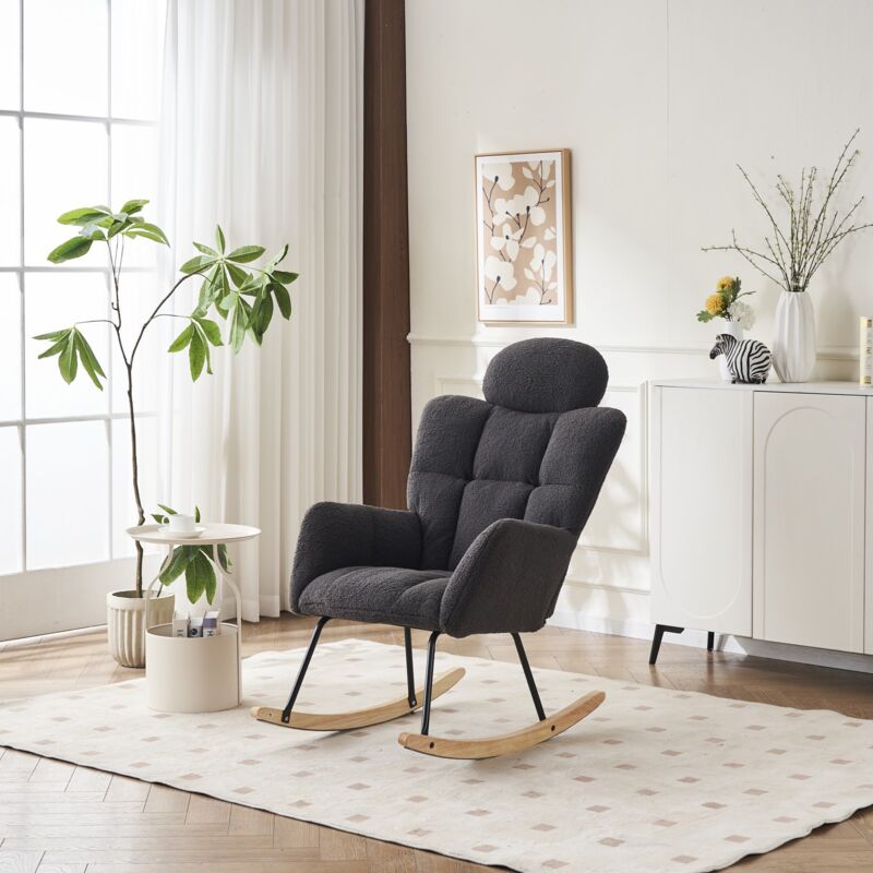 Fauteuil à bascule, avec appui-tête et accoudoirs, tissu ours en peluche, ergonomique, style scandinave, adapté au salon et à la chambre - Gris