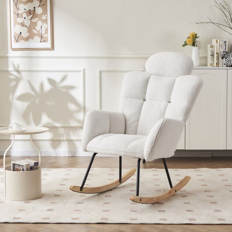 Fauteuil à bascule, avec appui-tête et accoudoirs, tissu ours en peluche, ergonomique, style scandinave, adapté au salon et à la chambre - Blanc