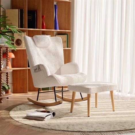 FORTUNA LAI Fauteuil à bascule avec appui-tête et repose-pieds, Rocking chair confortable en velours Teddy avec poche latérale, 66x70x89cm blanc