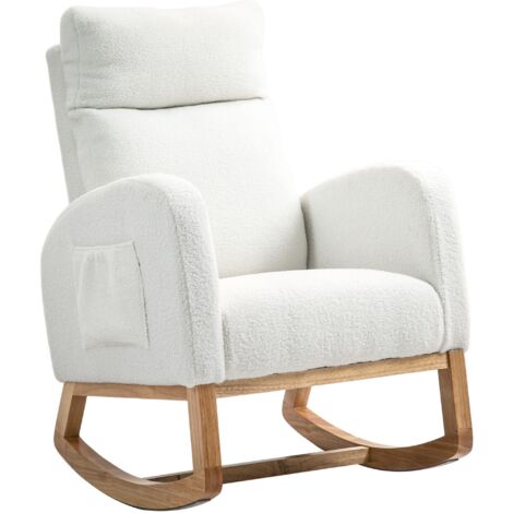 Fauteuil à bascule avec coussins épais et moelleux, housses de siège confortables, structure en bois et capacité de charge jusqu'à 120 kg. Couleur blanc cassé.