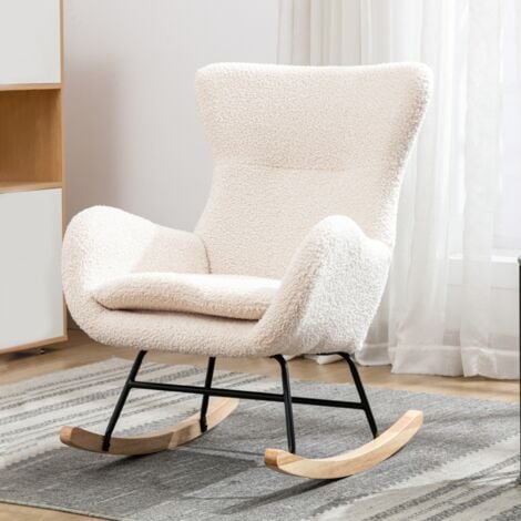 DANS LES NUAGES Fauteuil à bascule, avec coussin lombaire, pieds en bois, cadre en métal, dossier à oreilles, accoudoirs, Rocking chair en sherpa - Beige