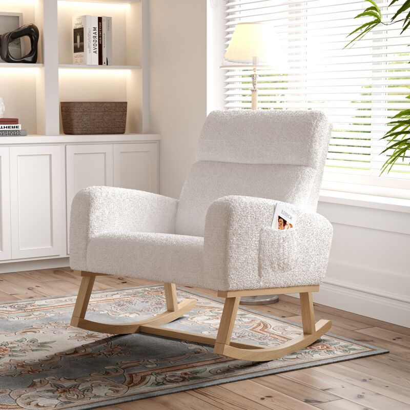 Fauteuil à bascule, avec pieds en bois, poches de rangement , dossier en capitonné, accoudoirs, Rocking chair en sherpa - Blanc
