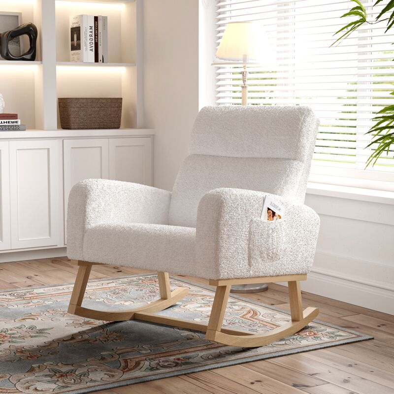 Dans Les Nuages - Fauteuil à bascule, avec pieds en bois, poches de rangement , dossier en capitonné, accoudoirs, Rocking chair en sherpa - Blanc
