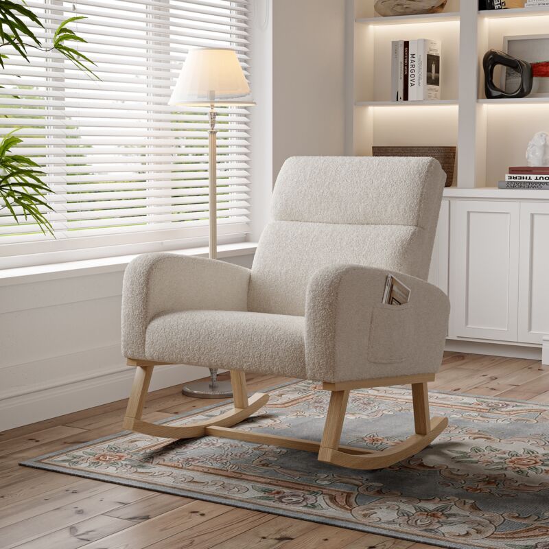 Dans Les Nuages - Fauteuil à bascule, avec pieds en bois, poches de rangement , dossier en capitonné, accoudoirs, Rocking chair en sherpa - Beige