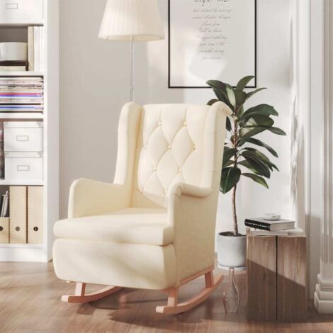 Fauteuil à bascule avec pieds - Fauteuil Chaise de Salon - Fauteuil design en bois d'hévéa solide Crème Tissu Chic-411937