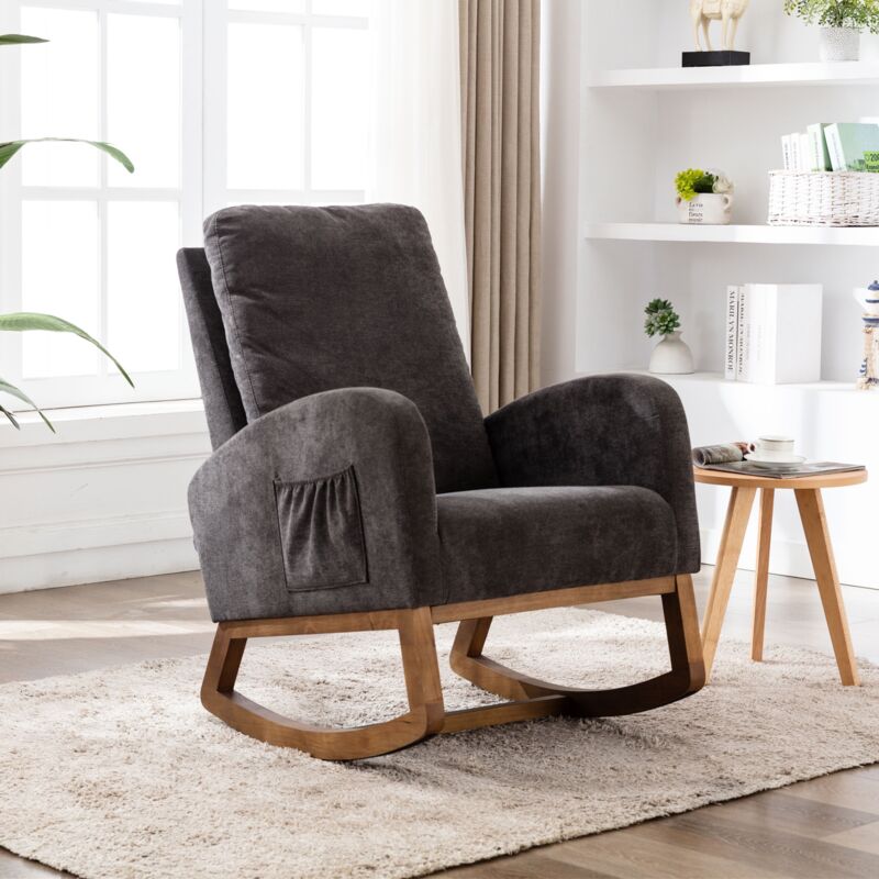 Fauteuil à bascule, avec poche latérale, dossier haut, accoudoirs, structure en bois, ergonomie, style scandinave, rocking chair capitonné en lin