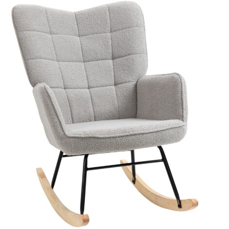 Fauteuil à bascule avec polaire Sherpa, bois massif et cadre en métal，gris clair