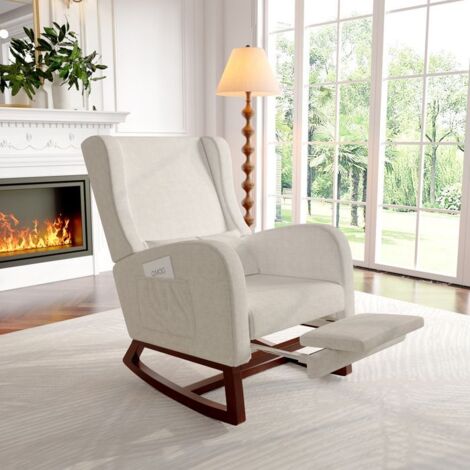 Fauteuil à Bascule, Avec repose - jambes télescopique, Chanvre de coton, Beige, Avec oreiller, Rocking Chair